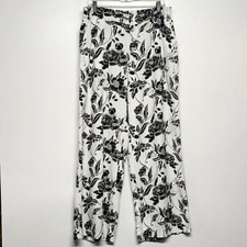 Calvin Klein Linen Wide Leg Crop Women's Pants Floral Black  White Size 8