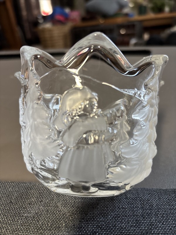 USED Mikasa Holiday Candy Dish Or Candle Holder 4” W x 3 1/2” T Frosted Glass
