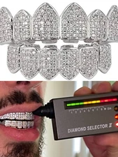 MOISSANITE GRILLZ Passes Test Teeth Top & Bottom Hip Hop 925 Silver Iced Rapper