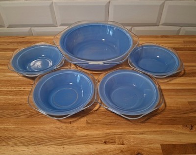 Vintage Phoenix Spray Ware blau Glas Servierschale und 4 Dessertschalen Set 1960