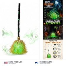 35-inch animated witch broom sound activated moving Halloween decoration green