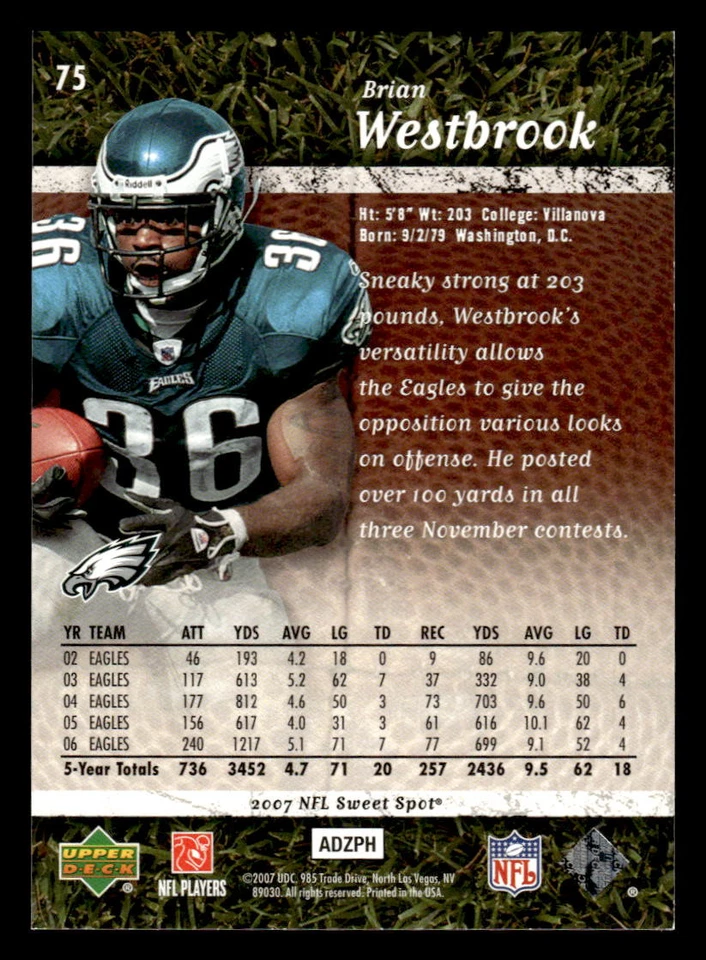 2007  Upper Deck Sweet Spot #75 BRIAN WESTBROOK #d 275/499 - Image 2 of 2