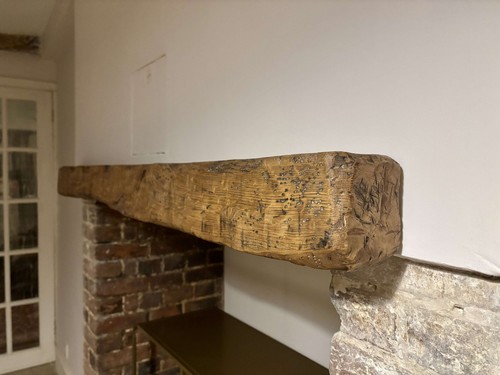 4x4 Inch Heavily Worked OAK BEAM , FAKE WORM HOLES FARMHOUSE, BRACKETS+PORTS