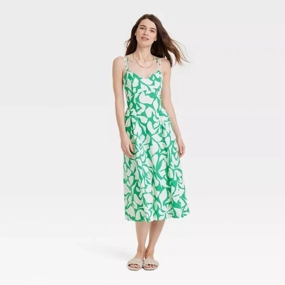 NWT: A New Day Green White Floral Midi Sundress XL Cotton Smocked Back (L405)