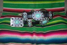 L/XL Faux Turquoise  Black Resin Silver Clusters Western Cowgirl Concho Belt