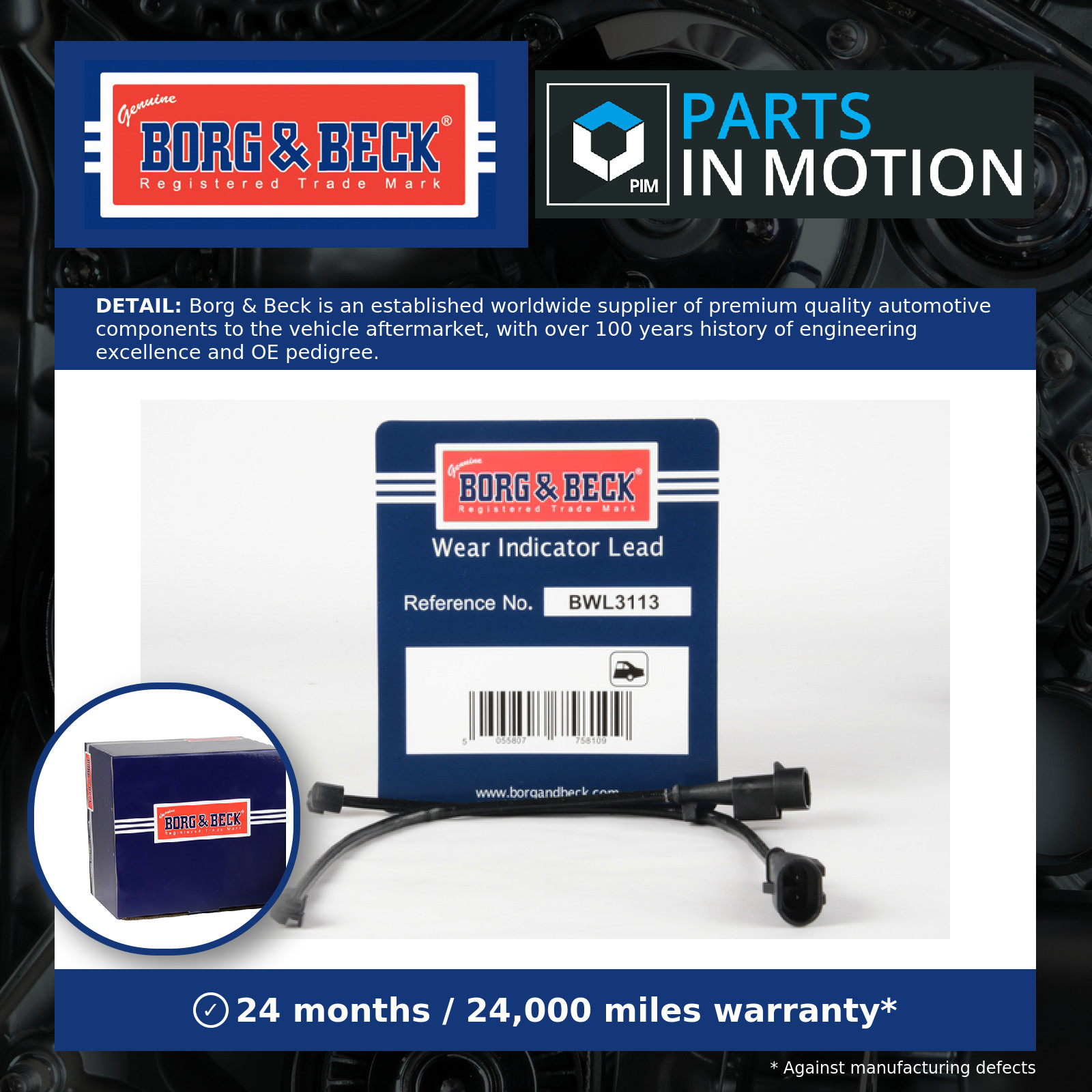 Brake Pad Wear Indicator Sensor Rear BWL3113 Borg & Beck Warning Contact Wire