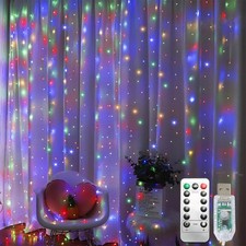 300 LED Curtain String Lights, Fairy Lights with 8 Light Modes, 9.8x9.8Ft Rem...