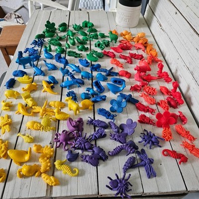 140+ Small Brightly Colored Rubber/Plastic Counting Pieces- Animals and Vehicles