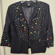 Silkland Vtg Jacket Linen Sz 8 Black Beaded Sequin 3/4 Sleeves Art to Wear Artsy