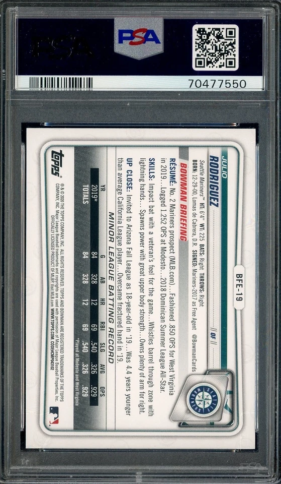 2020 Bowman 1st Edition Sky Blue Foil Julio Rodriguez RC Rookie PSA 10 GEM MINT - Image 2 of 2