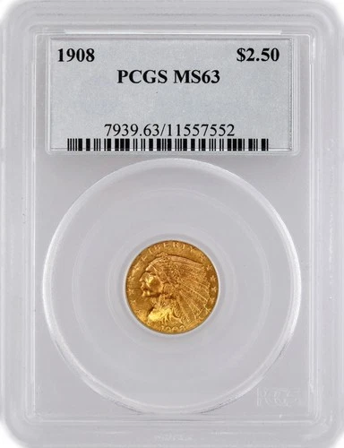 1908 $2.5 Indian Head Quarter Eagle Gold PCGS MS63 Brilliant Uncirculated Coin