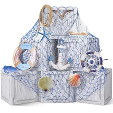 JellyArch 16 Pcs Nautical Party Decorations Imitation Wooden Box Fishing Net ...