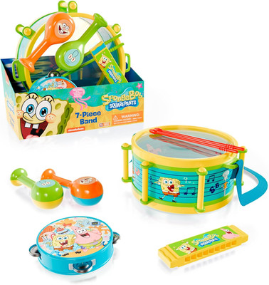 7 Piece Toddler Spongebob Drum set with Snare, Bongo, Drum Sticks, Hand Drum