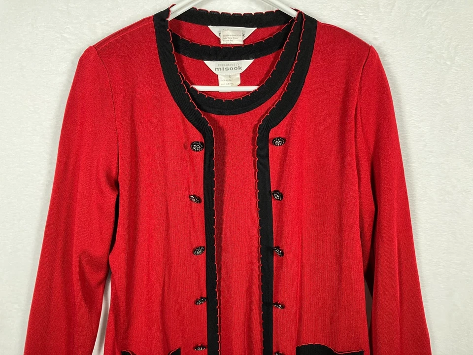 Exclusivo conjunto de suéter cárdigan Misook 2 piezas talla pequeña rojo tejido sin mangas pedrería Foto 2 de 4