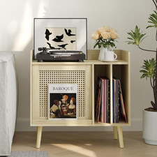 Record Player Stand with Vinyl Storage Record Player Table with Rattan Cabinet