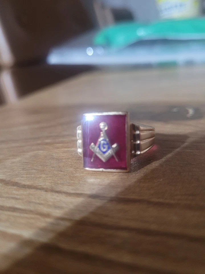 男式 14k 纯金共济会戒指 尺寸 10 重量 8.0 克 — 第 2/4 张图片