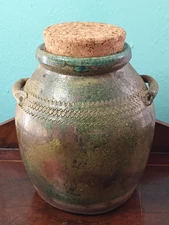 Vtg Cottage Core Iridescent Stoneware Crock Cork Lid Handles 8.5" Signed