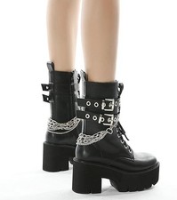 EU38 Plateau Gothic Schnürstiefeletten Blockabsatz HighHeels Biker Boots Punk Sc