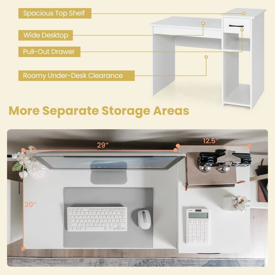 Escritorio de Ordenador Blanco, Escritorio de Estudio de 40" con Cajones y Estantes para Impresora,... Foto 3 de 4