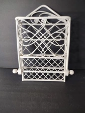 Vintage Wicker Rattan Mail Holder Organizer With Towel Bar White Magazine Rack 