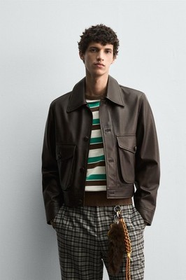 ZARA レザー ジャケット HARRY LAMBERT Zara x Disney by Harry Lambert Brown Leather Jacket with front
