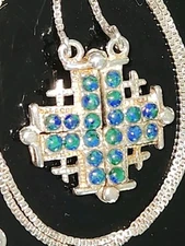 STERLING SILVER EILAT STONES JERUSALEM OPEN CROSS PENDANT NECKLACE MADE ITALY 