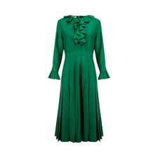 Gucci Green Heavy Silk Twill Pleated Ruffle Trim Midi Dress sz 48 