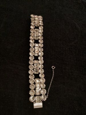 Vintage Eisenberg Silver Tone Wide Rhinestone 3D Runway Statement Bracelet