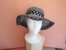 Ladies Wide Brim Black Straw hat w/ chin strap Polka Dot Ribbon Woven Polyester
