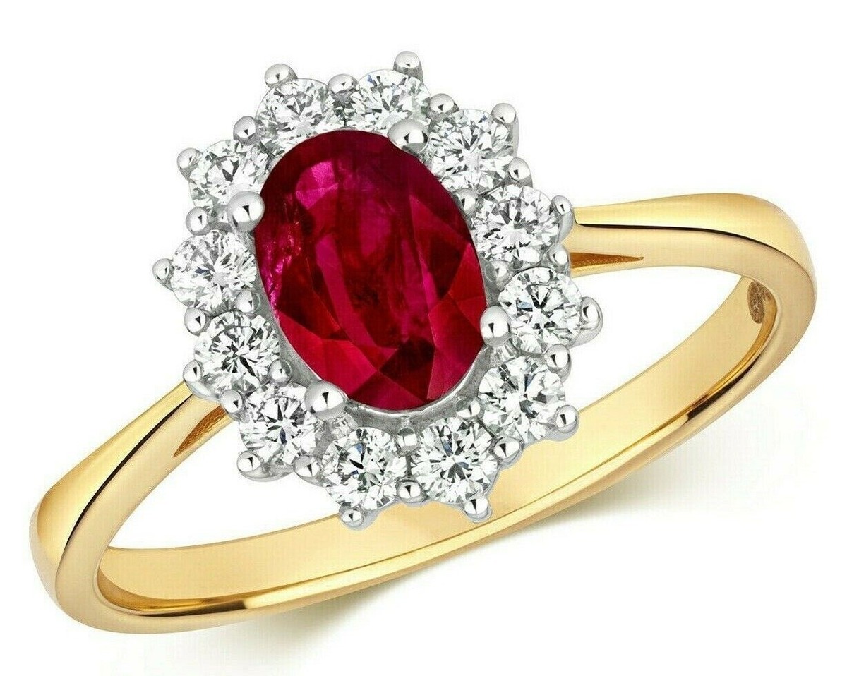 Real Ruby and Diamond Ring 18ct Yellow Gold Oval Cluster Carat Weight