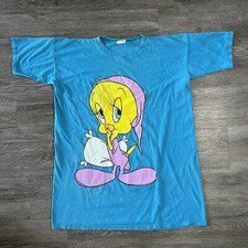 Vintage 90s Looney Tunes Tweety Bird Cartoon Sleep T Shirt Blue Size OSFA