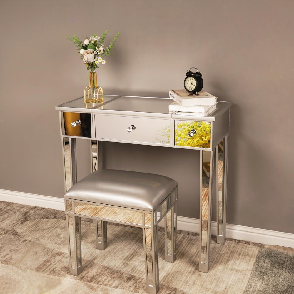 modern mirrored dressing table Amazon.com: Vanity Table Slate Desktop Vanity Desk, Dressing Table with LED Full Body Mirror & 3 Drawers, Vanity Set with Upholstered Makeup Stool & Cabinet Makeup Table : Home & Kitchen