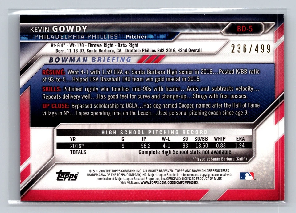 2016 Bowman Draft #BD-5 Kevin Gowdy Silver Border Excellent - Image 2 of 2