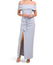 NWT $249 XSCAPE Off The Shoulder Drape Gown With Front Slit Sky Blue 6