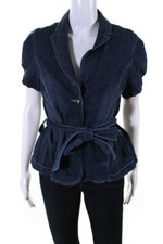 Seven 7 Womens Button Front Short Sleeve Belted Jean Jacket Blue Size Large
