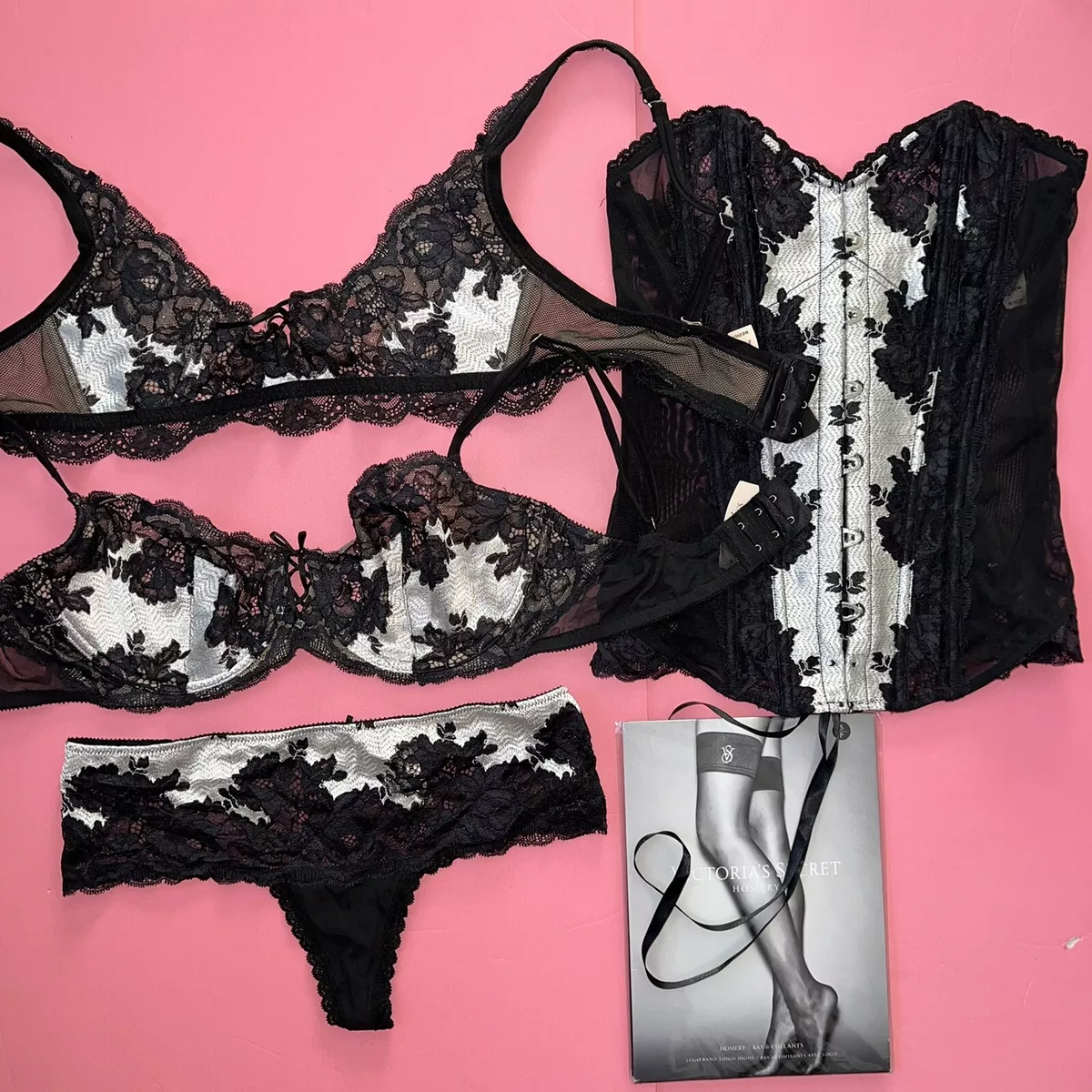 Victoria's Secret 36D BRA SET+M SLING+CORSET Black White Silver Sexy  Seduction