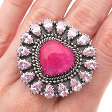 925 Sterling Silver Vintage Real Pink Agate  C Z Heart Adjustable Ring Size 9