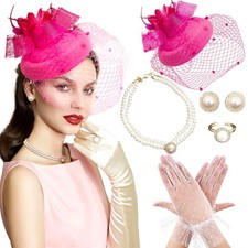 Hot Pink Tea Party Hats for Women Lace Gloves Fascinators Hats with Veil Feat...