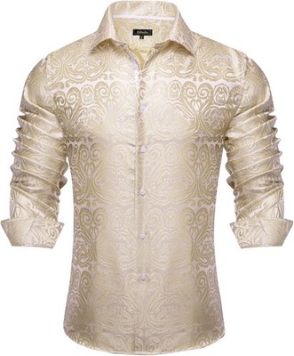 Mens Silk Paisley Dress Shirts,Long Sleeve Button Down Shirt Casual Regular Fit