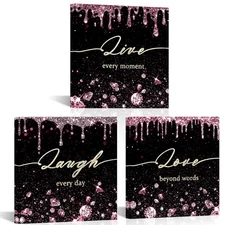 Pink Glam Canvas Wall Art Laugh Live Love Inspirational 3 Pictures Frame Fash...