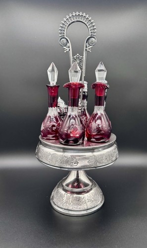 Antique Meriden Silver Plate Cruet Set W/6 Ruby Glass Bottles c1895 Ships FREE