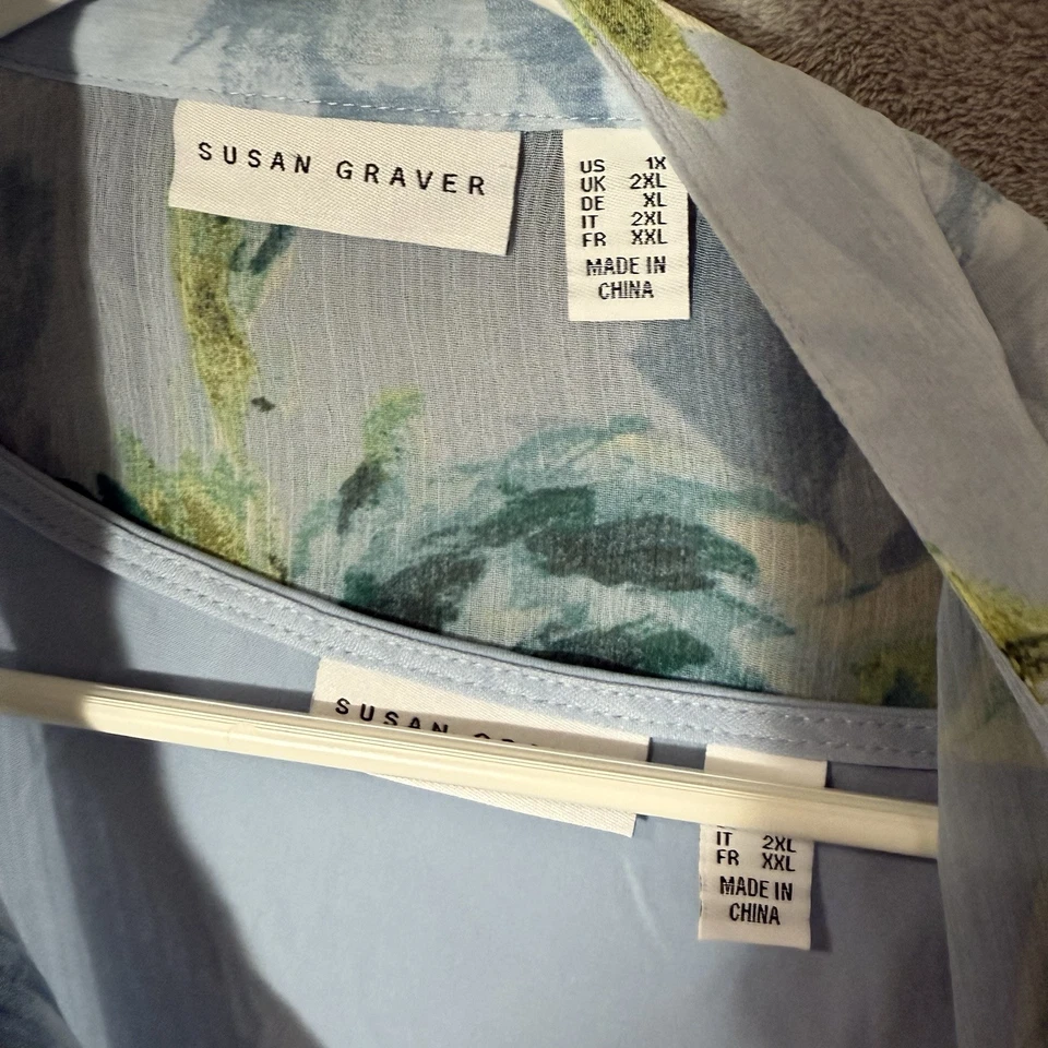 Túnica Susan Graver 1X Azul Verde Floral Transparente Manga Larga Foto 4 de 4