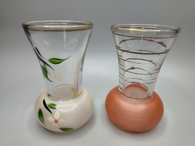  (2) Vintage Mid Century Barlett Collins Hand Painted Glass Bud Vases 1950s 4''H