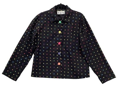Keren Hart Jacket Womens Large Black Multicolor Polka Dot Button Up Cotton Retro