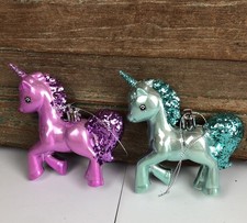 Lot 2 Unicorn Pony Horse Christmas ornaments 4" long Mint Purple Glitter