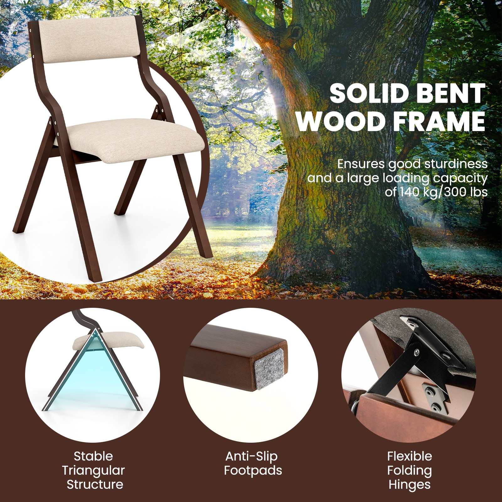 Set of 2 Folding Dining Chair Wooden Upholstered Modern Linen Fabric Padded Seat