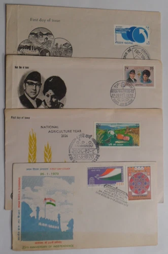 STAMPMART : NEPAL & INDIA 4 DIFF FDC - REFUGEE MUSIC AGRICULTURE INDEPENDENCE