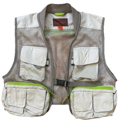 Cabela's Copper River Fishing Vest Mens Large Beige Green Utility Fly Cargo NWOT