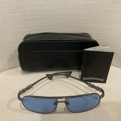 CHROME HEARTS Splooge Mens Sunglasses Blue Square Lens Silver Accents with Case