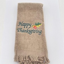 Happy Thanksgiving Tan Terry Kitchen Hand Towel Fringe Embroidered Fall Decor
